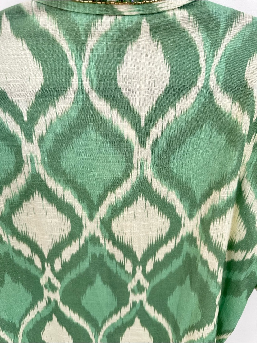 NEW Zara M Ikat green linen blend beaded hidden button contemporary blouse boho - Picture 13 of 14